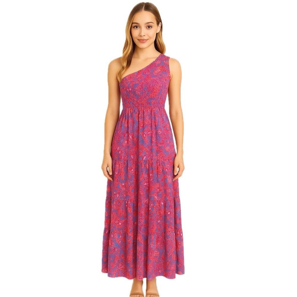 NWT sugar lips Sao Paulo Smocked One Shoulder Maxi Dress pink red blue sundress